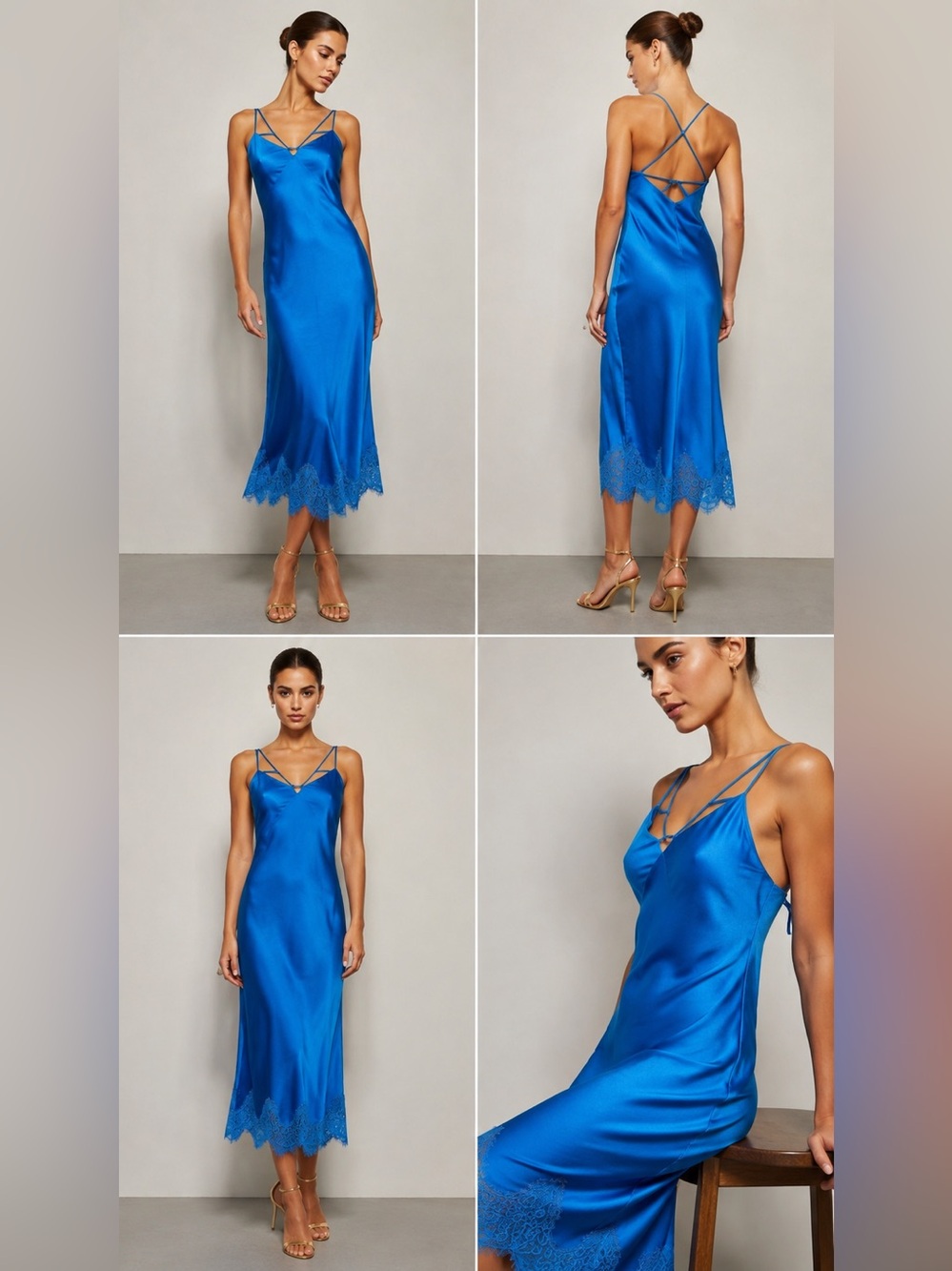 Karen Millen Electric Blue Satin Slip Dress with Lace Trim